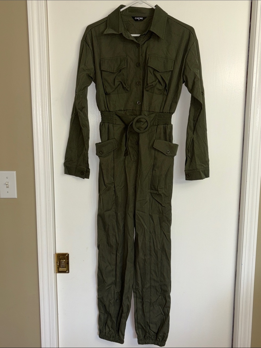 CHICME Olive Utility Jumpsuit with Round Buckle Belt